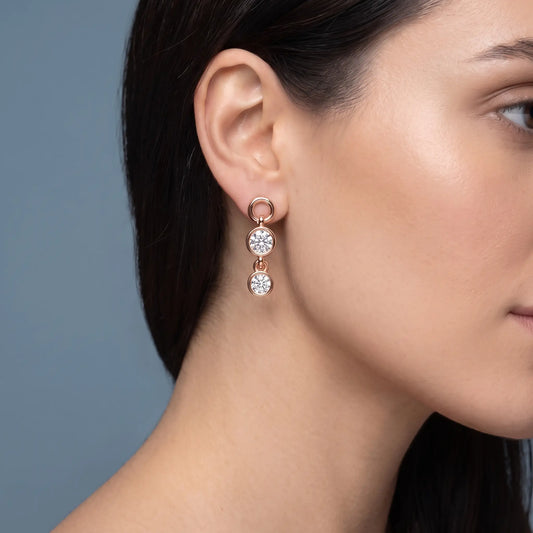 14KT Rose Gold Cascading Round Diamond Drop Earrings - worn close up