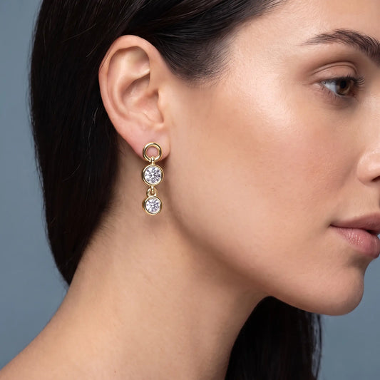 10KT Yellow Gold Cascading Round Diamond Drop Earrings - worn close up