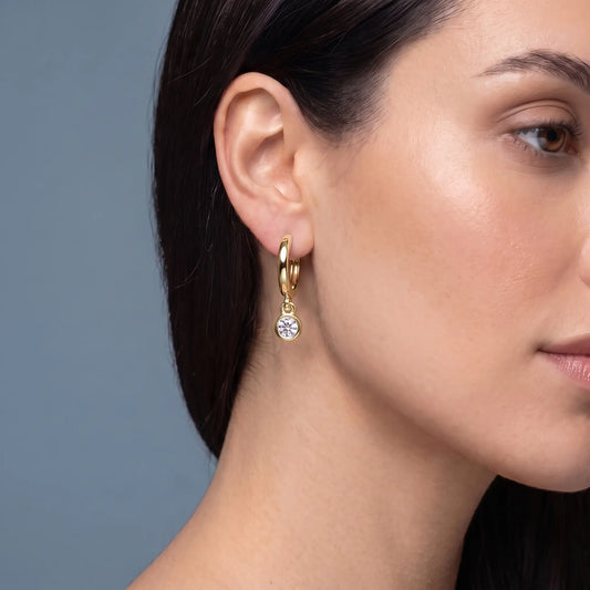 14KT Yellow Gold Diamond Charm Hoop Earrings - worn close up
