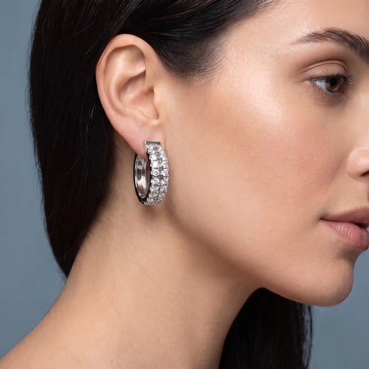 14KT White Gold Diamond Pave Hoop Earrings - worn close up