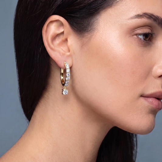 14KT Yellow Gold Diamond Pave Hoop Earrings with Charm Drop - worn close up