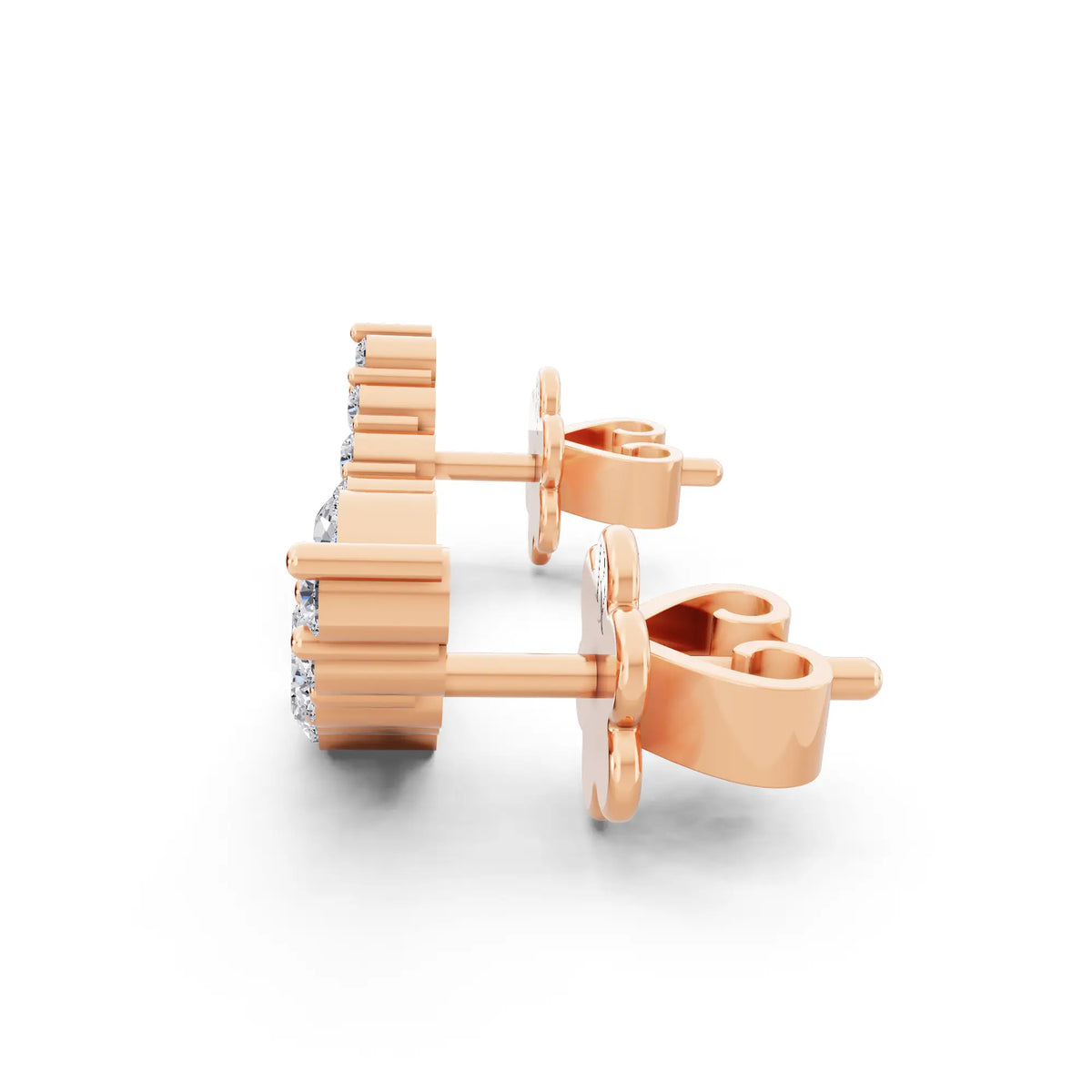 Rose Gold Lab Grown Diamond Heart Three Stone Earrings, right side view