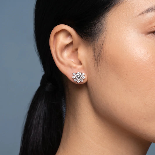 14KT Rose Gold Diamond Halo Earrings - worn close up