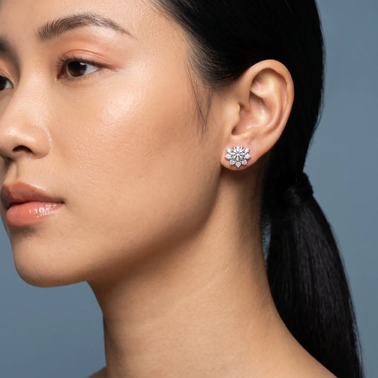 Silver Diamond Halo Earrings - worn close up