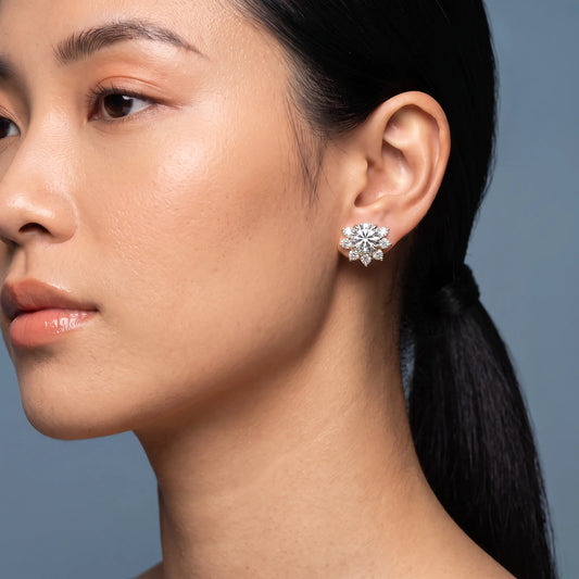 14KT Yellow Gold Diamond Halo Earrings - worn close up