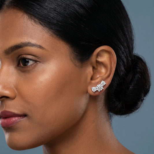 Platinum Diamond Round Climber Earrings - worn close up