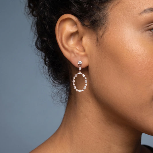 10KT Rose Gold Diamond Oval Hoop Drop Earrings - worn close up