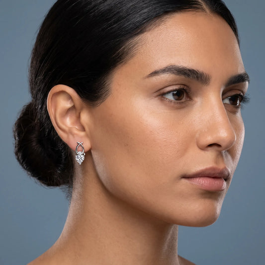 Platinum Diamond Heart Drop Earrings - worn close up