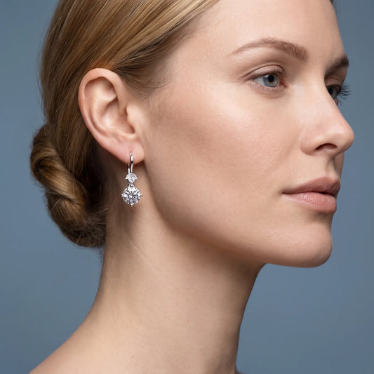 10KT White Gold Diamond Round Drop Earrings - worn close up