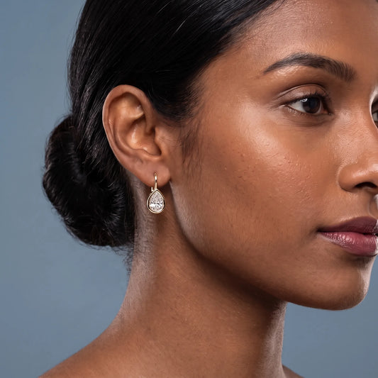 10KT Yellow Gold Diamond Pear Drop Earrings - worn close up