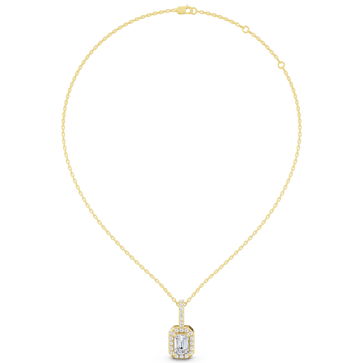 Yellow Gold Emerald Lab Grown Diamond Halo Pendant, view 5