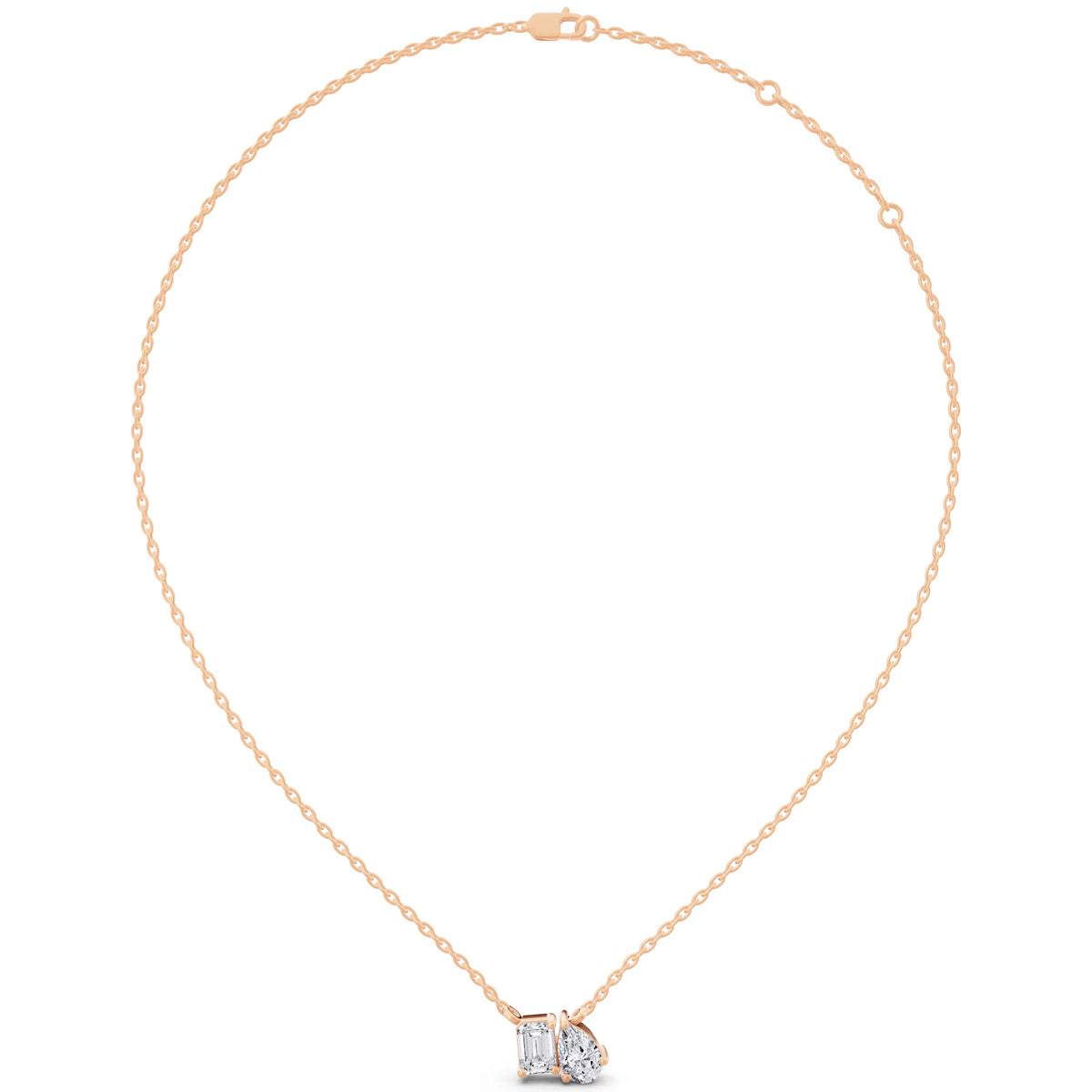 Rose Gold Emerald Pear Two Stone Lab Grown Diamond Pendant, view 5