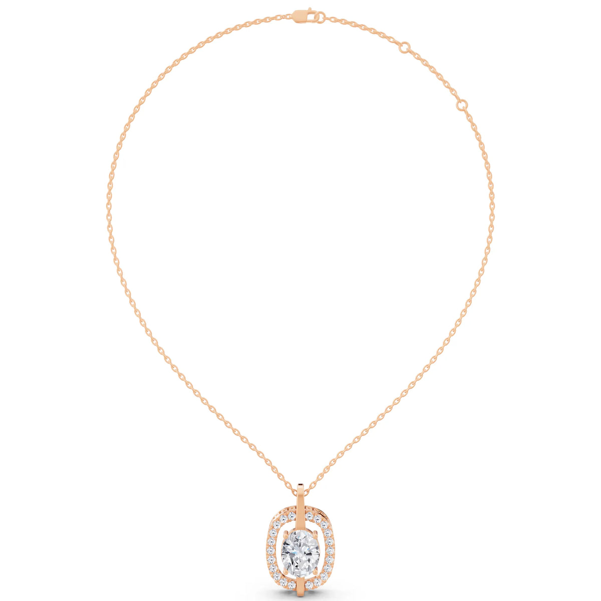 Rose Gold Oval Lab Grown Diamond Halo Vertical Bail Pendant, view 6