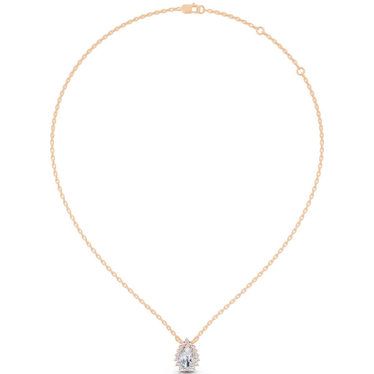 Rose Gold Pear Lab Grown Diamond Sparkling Halo Pendant, view 6