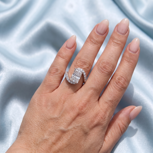 Radiant Cut Diamond Solitaire Ring with Pave Wave Band - On finger
