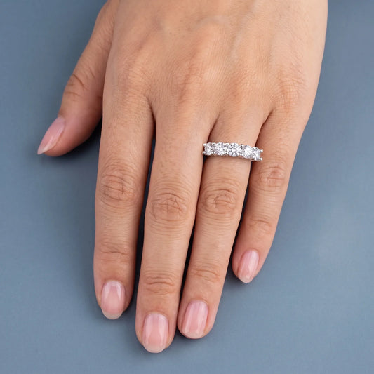 Platinum Five Stone Round Cut Diamond Half Eternity Wedding Band - worn on hand