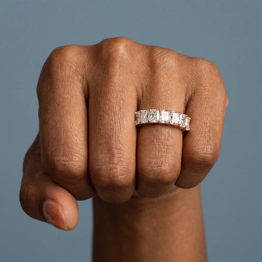 10K Rose Gold Seven Stone Radiant Cut Diamond Half Eternity Wedding Band - worn on hand