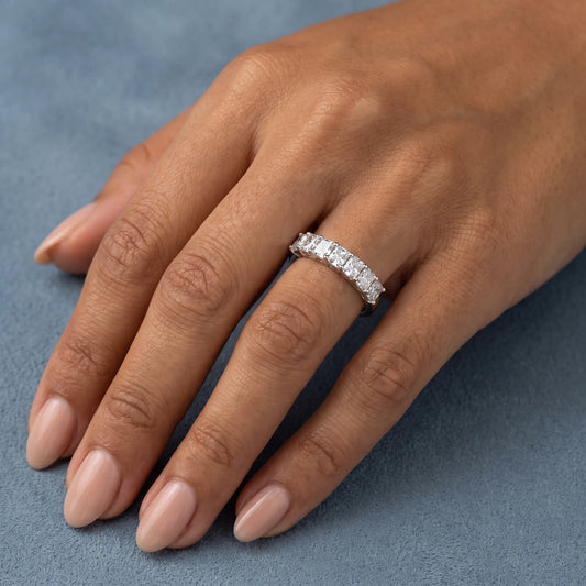 Platinum Seven Stone Radiant Cut Diamond Half Eternity Wedding Band - worn on hand