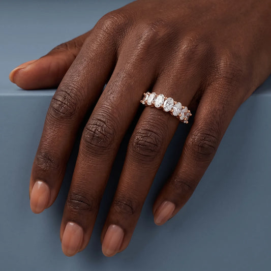 14K Rose Gold Seven Stone Oval Cut Diamond Half Eternity Wedding Band - worn on hand