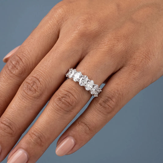 Silver Seven Stone Oval Cut Diamond Half Eternity Wedding Band - worn on hand