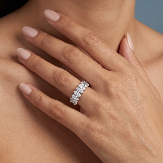 14K White Gold Seven Stone Marquise Cut Diamond Half Eternity Wedding Band - worn on hand