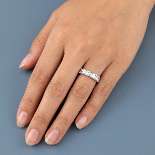 Silver Seven Stone Emerald Cut Diamond Half Eternity Wedding Band - worn on hand