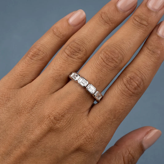 Silver Seven Stone Emerald Cut Bezel Set Diamond Half Eternity Wedding Band - worn on hand