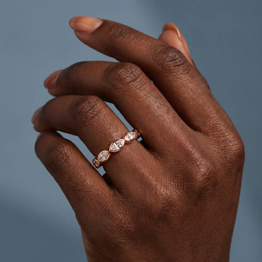 14K Rose Gold Seven Stone Marquise Cut Bezel Set Diamond Half Eternity Wedding Band - worn on hand