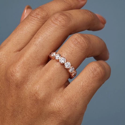 10K Rose Gold Round Cut Bezel Set Diamond Full Eternity Wedding Band 3.5mm - worn on hand