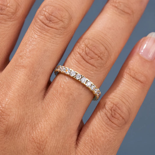 14K Yellow Gold Round Cut Diamond Classic Eternity Band 1.5mm - worn on hand