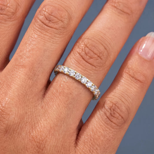 14K Yellow Gold Round Cut Diamond Classic Eternity Band 1.7mm - worn on hand