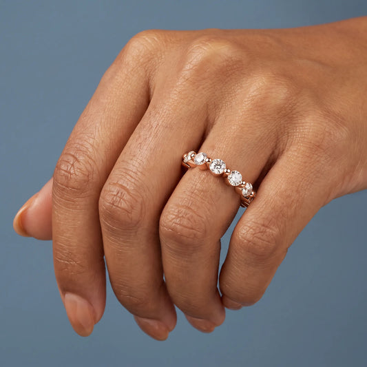 14K Rose Gold Round Cut Diamond Half Sculpted Prong Eternity Band 2.7mm - worn on hand