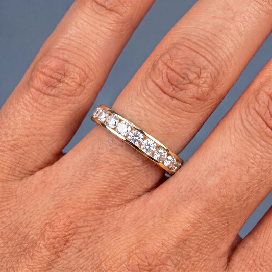 10K Yellow Gold Round Cut Diamond Channel Set Eternity Band 2.2mm - worn on hand