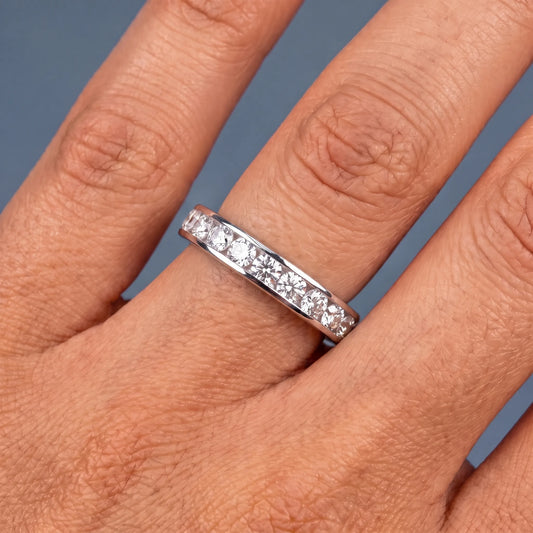 Silver Round Cut Diamond Channel Set Eternity Band 2.5mm - worn on hand