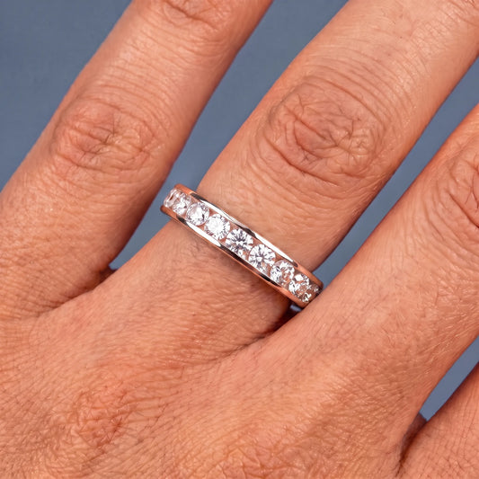 14K Rose Gold Round Cut Diamond Channel Set Eternity Band 3.8mm - worn on hand