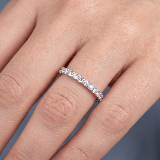 Silver Round Cut Diamond 4 Prong Eternity Band 1.7mm - worn on hand