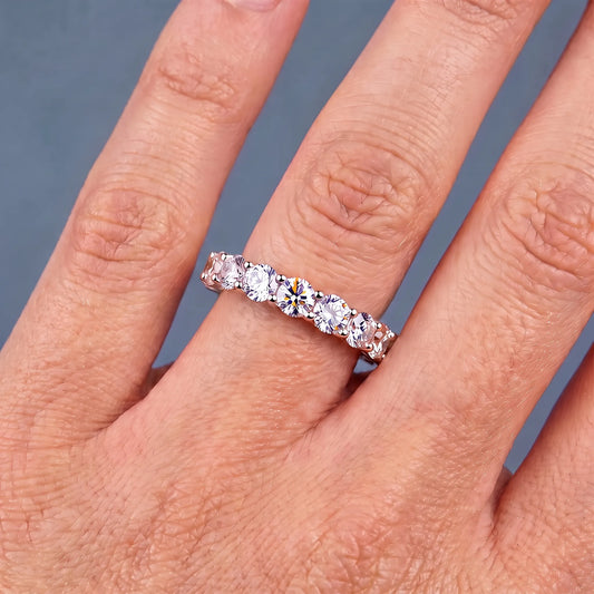14K Rose Gold Round Cut Diamond Unity Prong Eternity Band 3mm - worn on hand