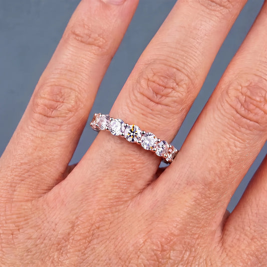 10K Rose Gold Round Cut Diamond Unity Prong Eternity Band 3.2mm - worn on hand