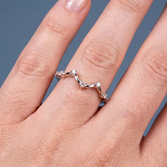 14K Rose Gold Round Cut Diamond Scattered Curve Curved Band - worn on hand
