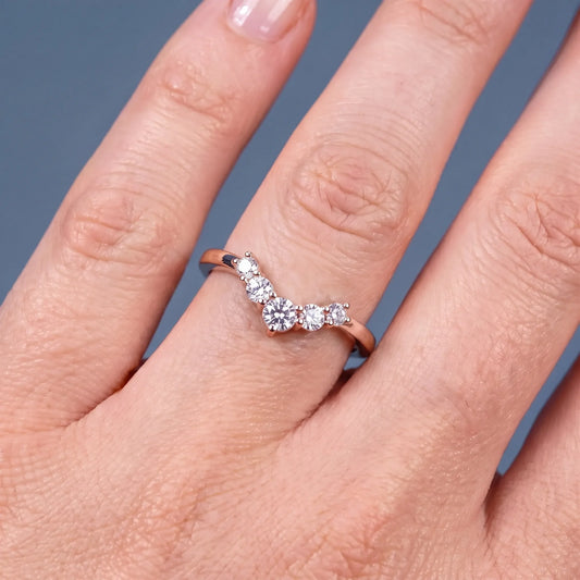 14K Rose Gold Round Cut Diamond Graduated V Curved Band - worn on hand