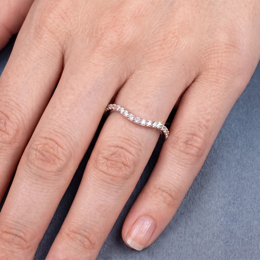 10K Rose Gold Round Cut Diamond Pave Wave Curved Band - worn on hand