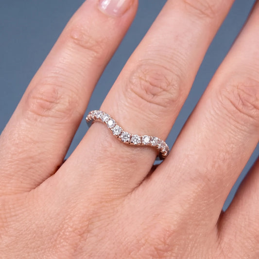10K Rose Gold Round Cut Diamond Crescent Curved Band - worn on hand