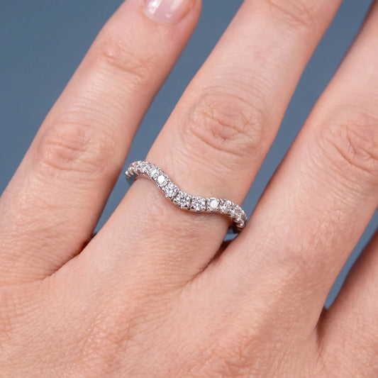 14K White Gold Round Cut Diamond Crescent Curved Band - worn on hand