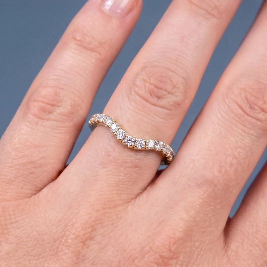 10K Yellow Gold Round Cut Diamond Crescent Curved Band - worn on hand