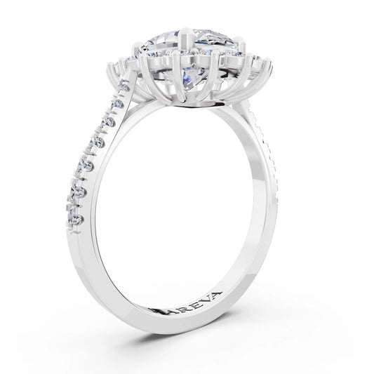 14 KT White Gold Oval Cut Diamond Floral Halo Ring with Pave Band - Top view