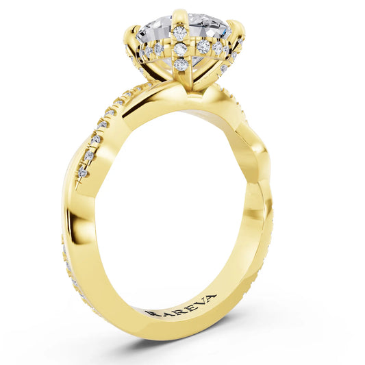 18 KT Yellow Gold Oval Cut Diamond Hidden Halo Ring with Twisted Pave Band - top view