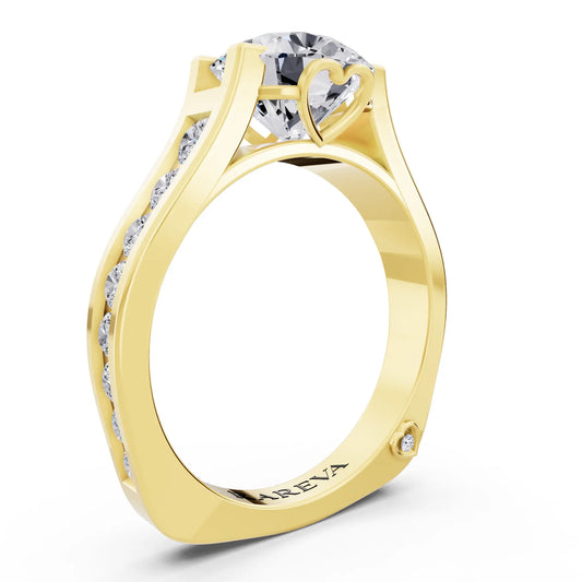 14 KT Yellow Gold Round Cut Diamond Solitaire Ring with Graduated Channel Band - Top view