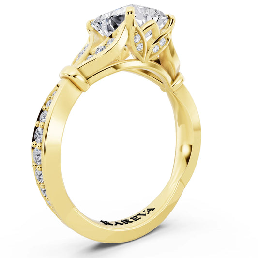 14 KT Yellow Gold Radiant Cut Diamond Ring with Lotus Collar - top view