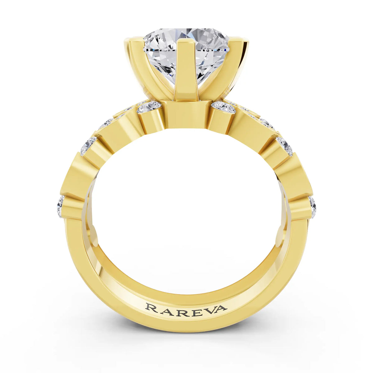 14 KT Yellow Gold Round Cut Diamond Solitaire Ring with Marquise Motif Band - Through