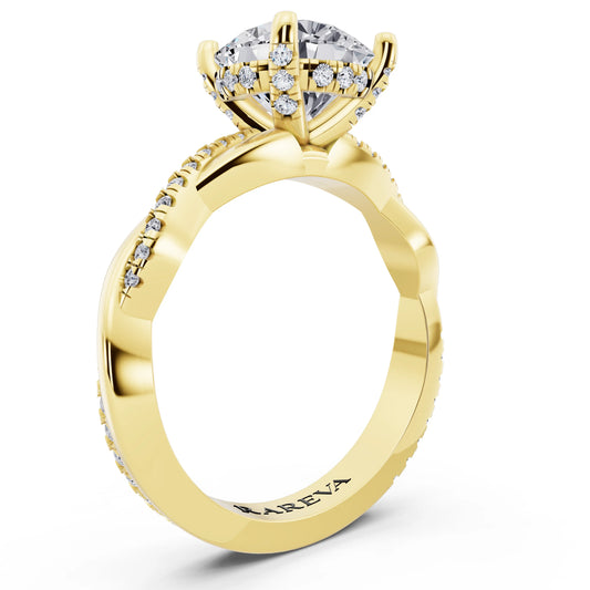 18 KT Yellow Gold Round Cut Diamond Hidden Halo Ring with Twisted Pave Band - top view